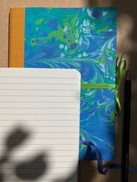 Image 4 of Violet, Blue & Green Hand-Marbled A5 Thick Lined Notebook- Bluebell Pattern