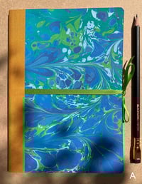 Image 2 of Violet, Blue & Green Hand-Marbled A5 Thick Lined Notebook- Bluebell Pattern