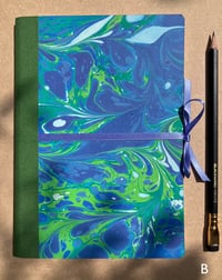 Image 1 of Violet, Blue & Green Hand-Marbled A5 Thick Lined Notebook- Bluebell Pattern