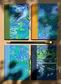 Image 2 of Violet, Green and White Hand-Marbled A6 Lined Notebook- Bluebell Patterns