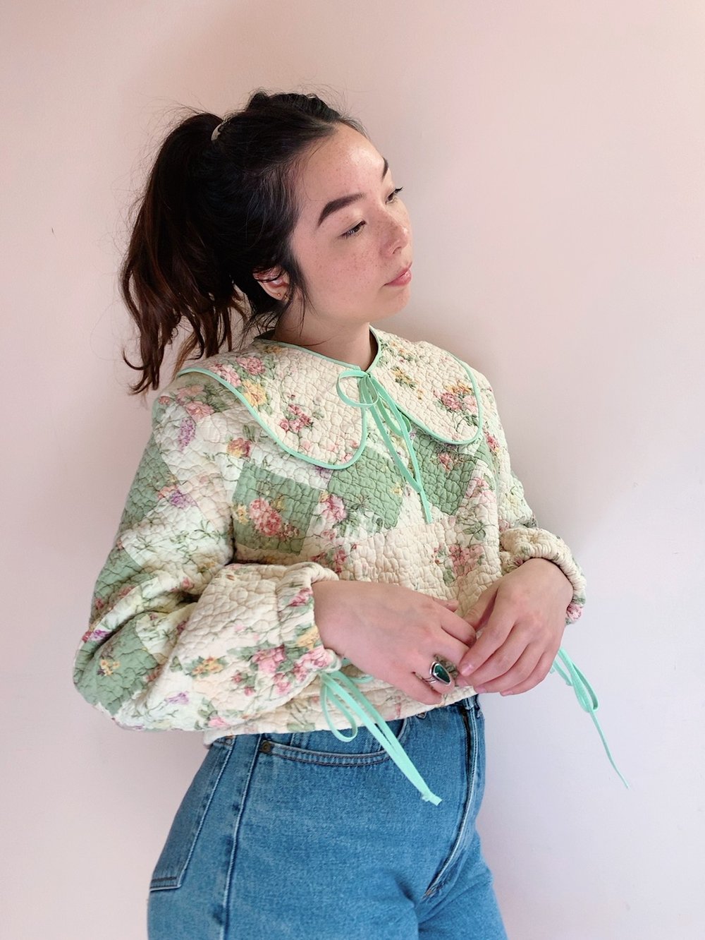 Image of Long Sleeve Quilt Top & Detachable Collar — Crème Florals
