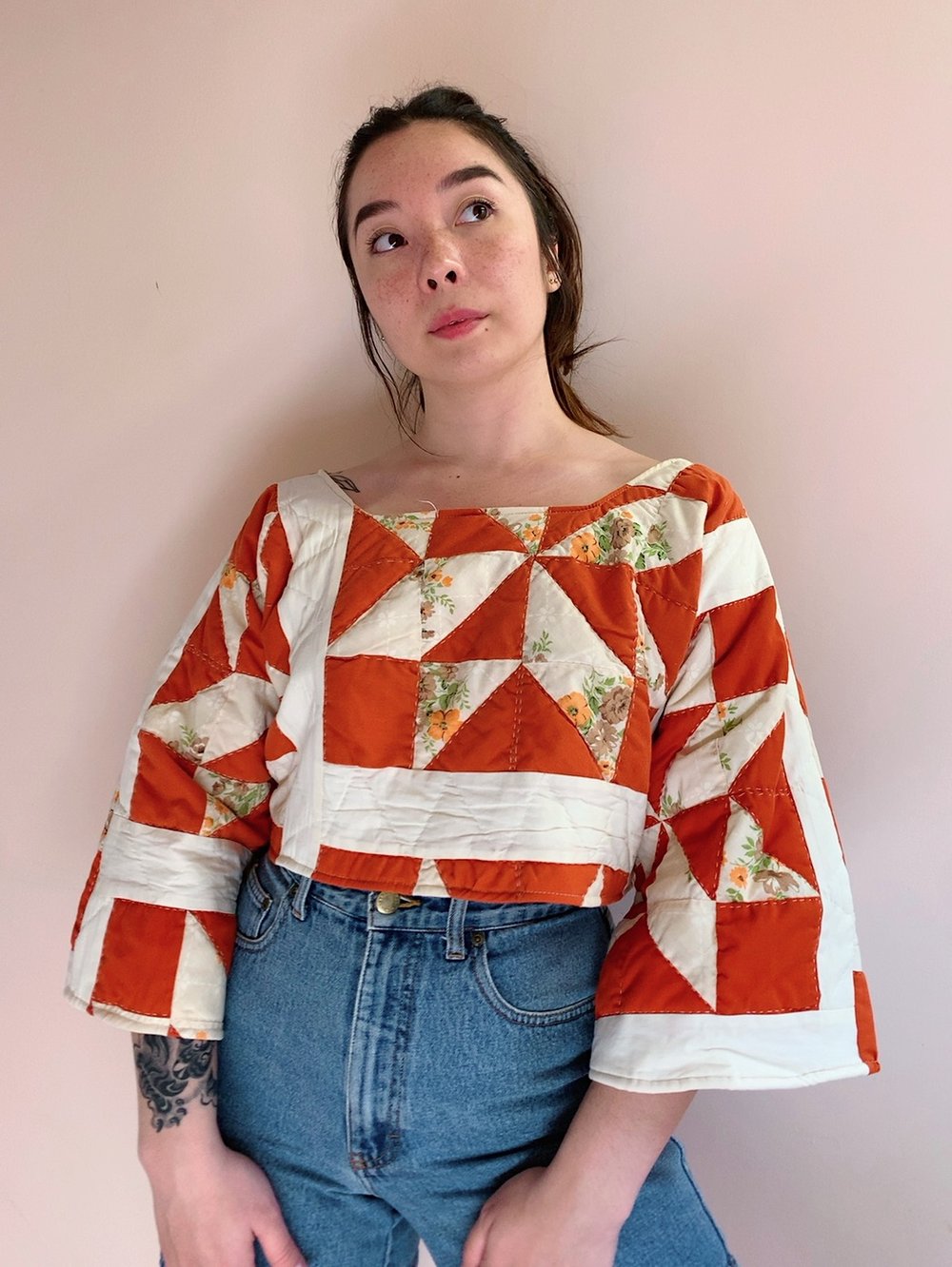 Image of Long Sleeve Quilt Top — 70s Orange