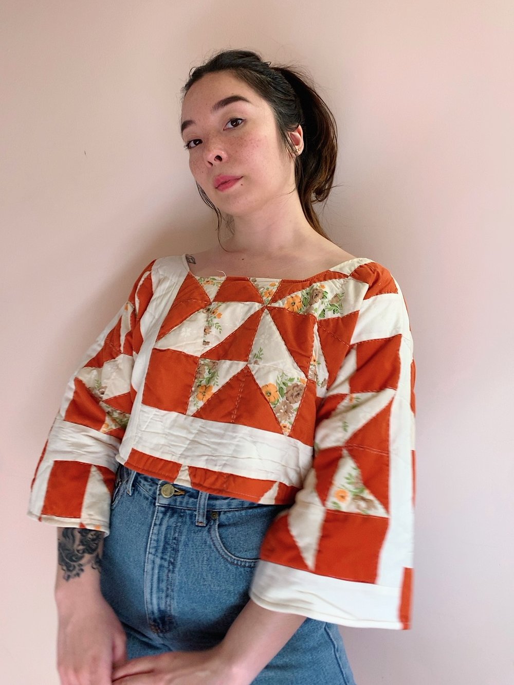 Image of Long Sleeve Quilt Top — 70s Orange