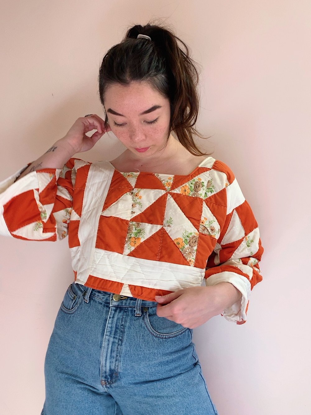 Image of Long Sleeve Quilt Top — 70s Orange