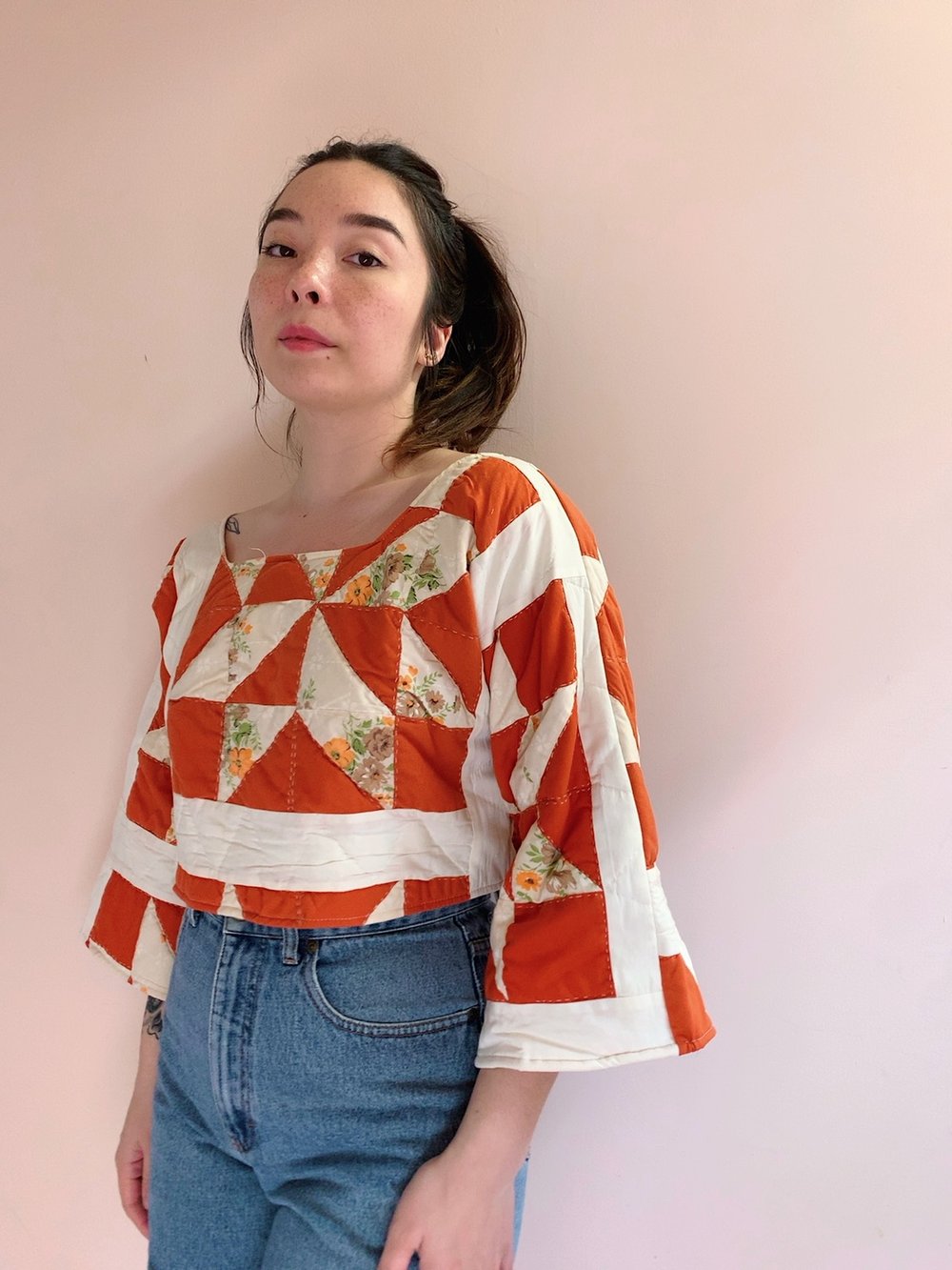 Image of Long Sleeve Quilt Top — 70s Orange
