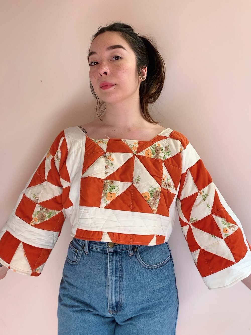 Image of Long Sleeve Quilt Top — 70s Orange