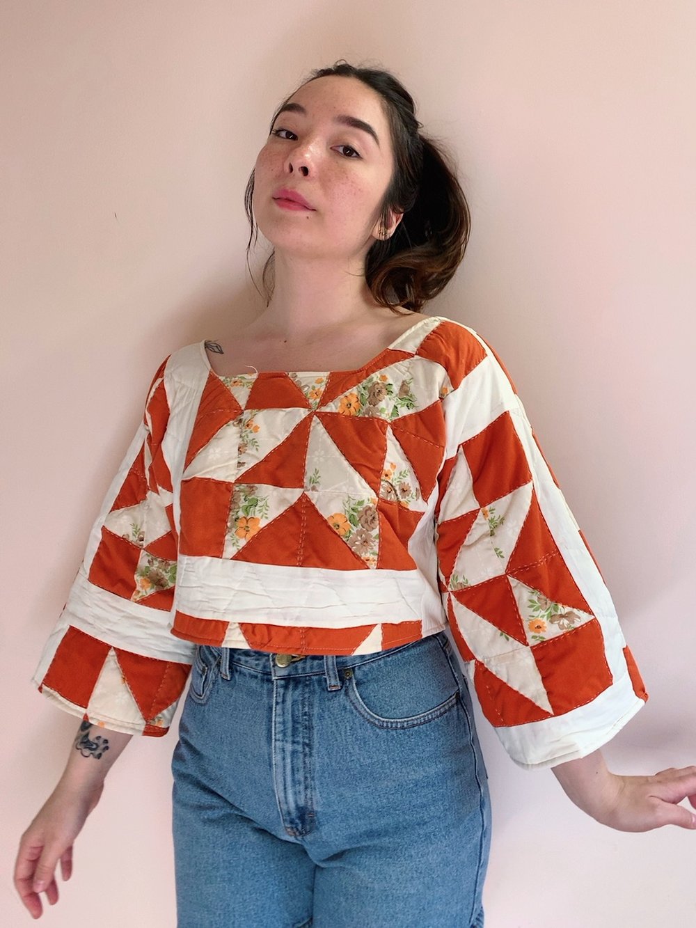 Image of Long Sleeve Quilt Top — 70s Orange