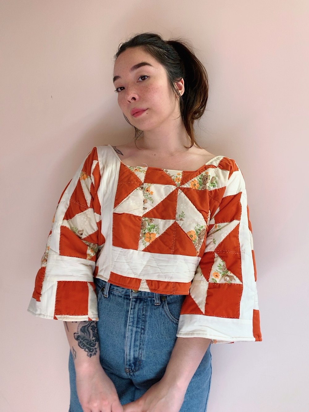 Image of Long Sleeve Quilt Top — 70s Orange