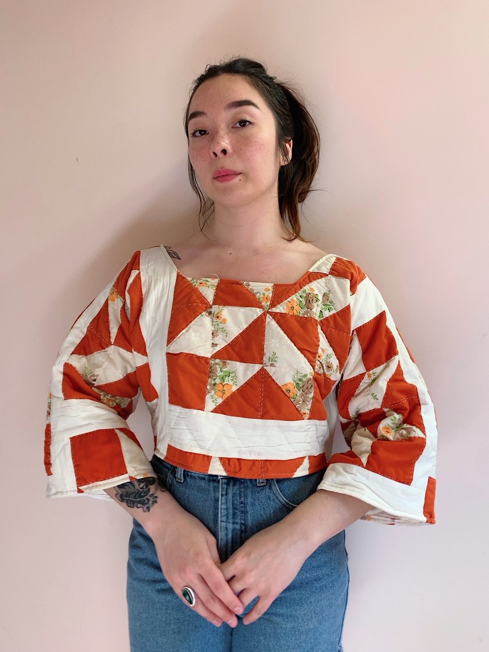 Image of Long Sleeve Quilt Top — 70s Orange