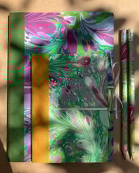 Image 4 of Pink, Green & White Hand-Marbled A6 Lined or Plain Notebook in Apple Blossom Pattern