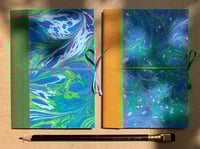 Image 2 of Violet, Fresh Green and White Hand-Marbled Plain A6 Notebooks- Bluebell Pattern