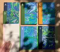 Image 4 of Violet, Fresh Green and White Hand-Marbled Plain A6 Notebooks- Bluebell Pattern