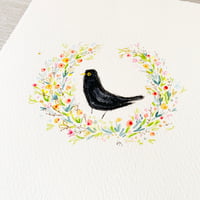 Image 3 of Art - original watercolour - hand painted Blackbird and flowers