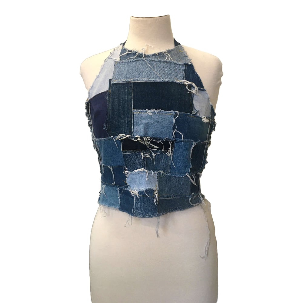 Image of Blue Patchwork Denim Halter Neck Top