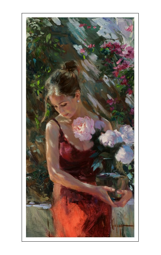 Image of PRINT ON CANVAS "GIRL IN RED WITH PEONIES"