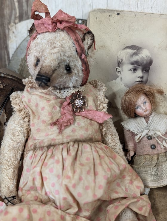 Image of 9" Vintage Shabby Girl Teddy Bear in vintage dolly dress by Whendi's Bears
