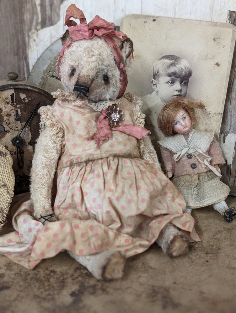 Image of 9" Vintage Shabby Girl Teddy Bear in vintage dolly dress by Whendi's Bears