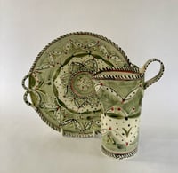 Image 1 of Dish and Jug green spotted leaves pattern.