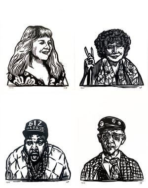 Linocut Music Portraits inc. Scott Walker, Patti Smith, Kim Deal, Ivor Cutler, Biz Markie and more