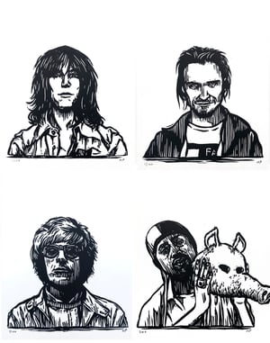 Linocut Music Portraits inc. Scott Walker, Patti Smith, Kim Deal, Ivor Cutler, Biz Markie and more