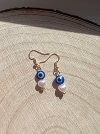 Image 2 of Evil Eye Fresh Water Pearl Earrings