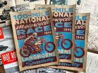 Image 1 of Langhorne Speedway Motorcycle Races aged Linocut Print (sand toned paper) - FREE SHIPPING