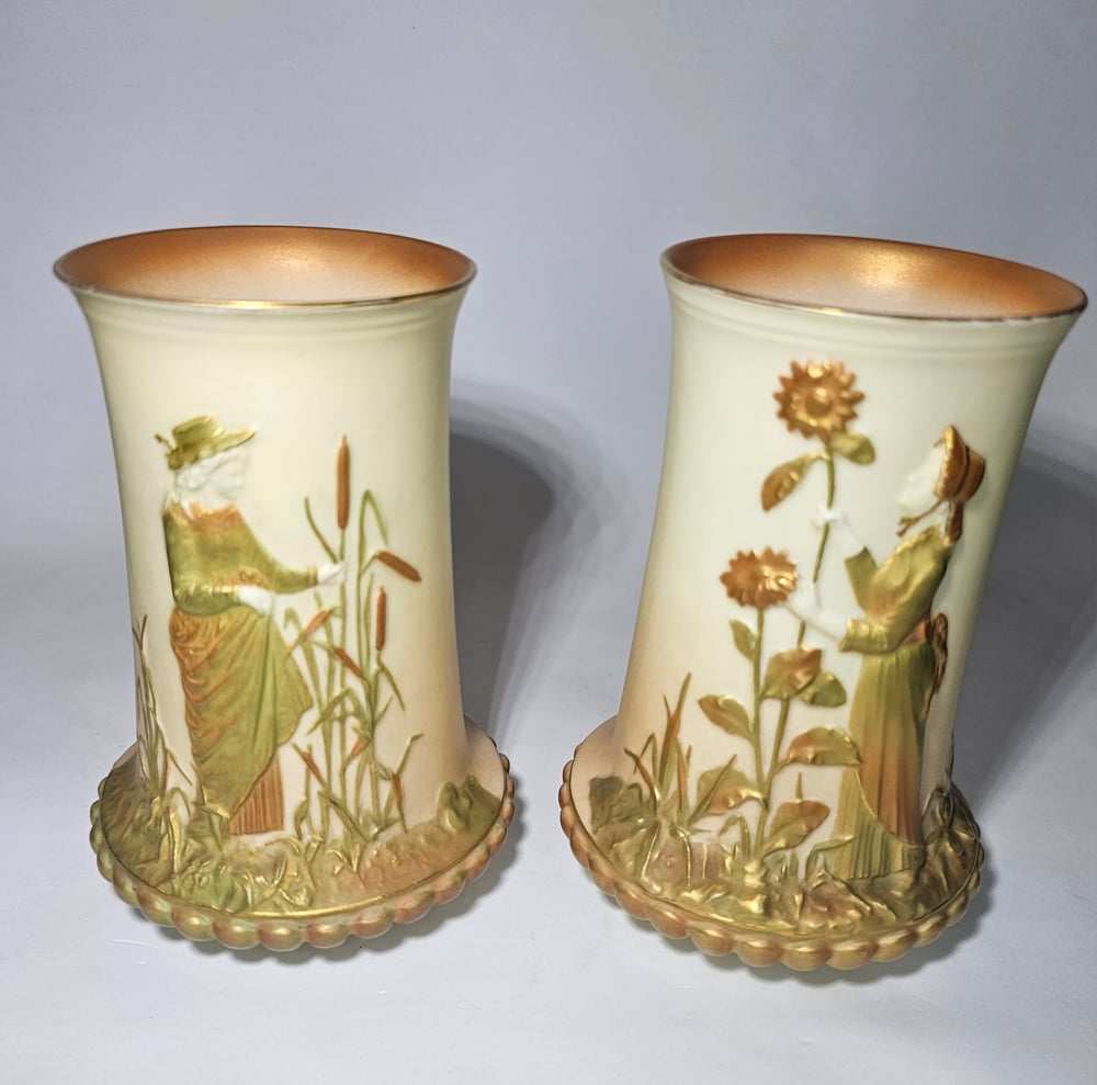 Image of Royal Worcester Pair Spill Vases with embossed figures