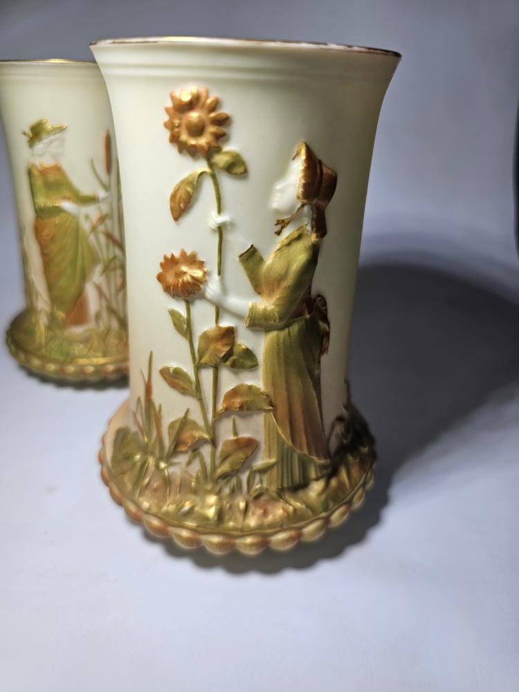 Image of Royal Worcester Pair Spill Vases with embossed figures