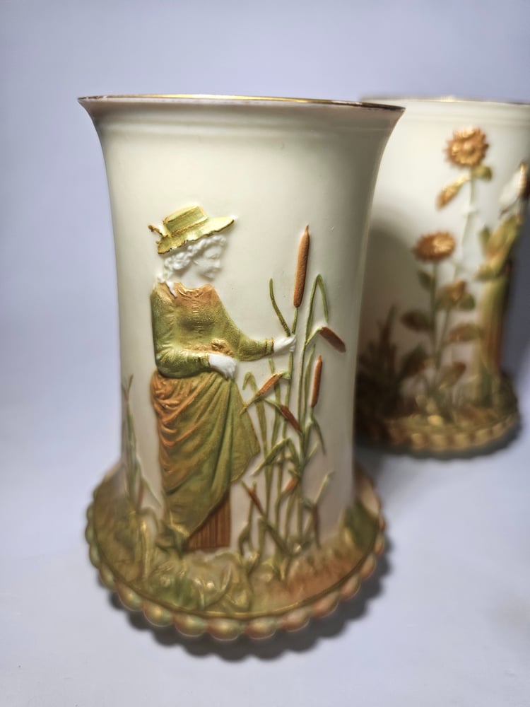 Image of Royal Worcester Pair Spill Vases with embossed figures