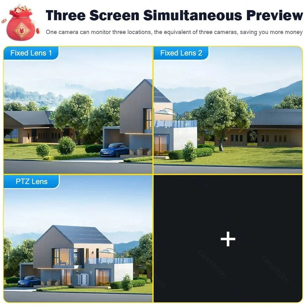6MP 3K WIFI IP Outdoor Camera Motion Tracking PTZ Video Camera Three Lens Three Screen Waterproof