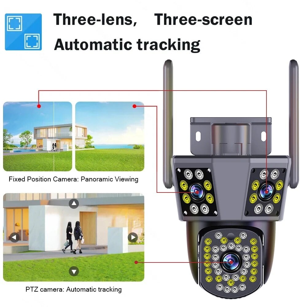 6MP 3K WIFI IP Outdoor Camera Motion Tracking PTZ Video Camera Three Lens Three Screen Waterproof
