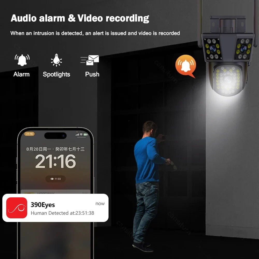6MP 3K WIFI IP Outdoor Camera Motion Tracking PTZ Video Camera Three Lens Three Screen Waterproof