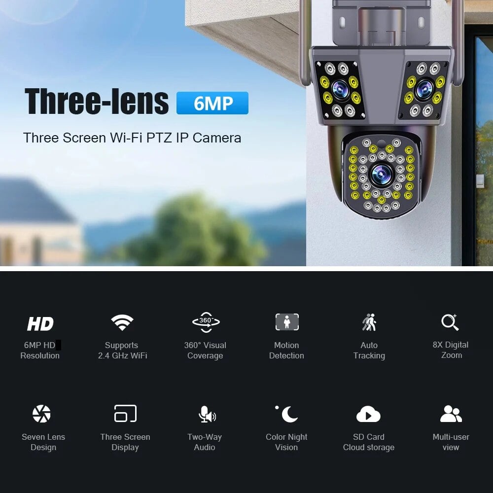 6MP 3K WIFI IP Outdoor Camera Motion Tracking PTZ Video Camera Three Lens Three Screen Waterproof