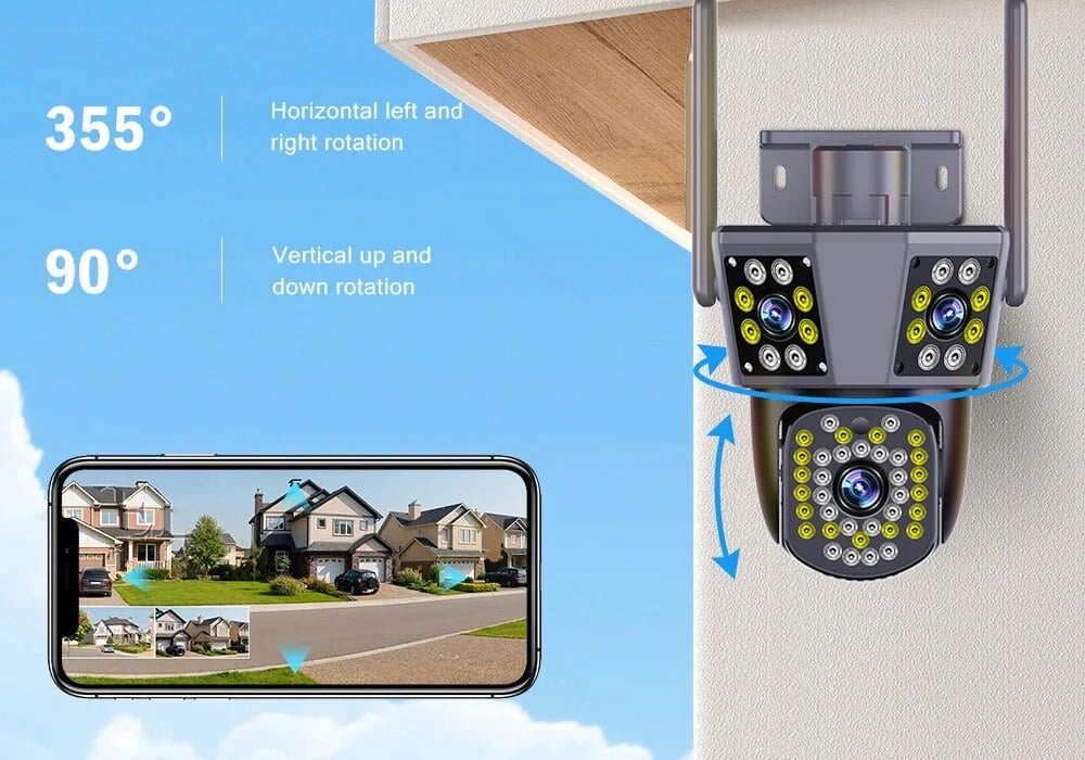 6MP 3K WIFI IP Outdoor Camera Motion Tracking PTZ Video Camera Three Lens Three Screen Waterproof