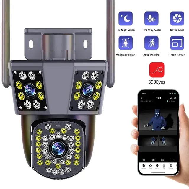 6MP 3K WIFI IP Outdoor Camera Motion Tracking PTZ Video Camera Three Lens Three Screen Waterproof
