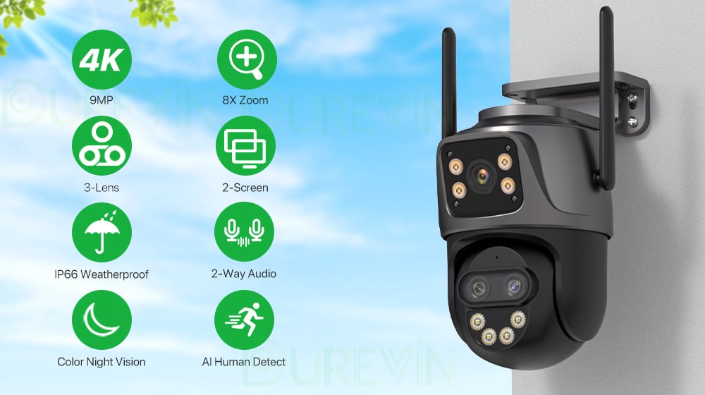 6K 9MP HD IP Camera Outdoor 8x Zoom Dual Screen External WiFi Camera 4K 8MP Security PTZ Cam