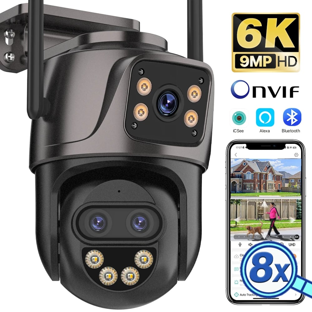 6K 9MP HD IP Camera Outdoor 8x Zoom Dual Screen External WiFi Camera 4K 8MP Security PTZ Cam