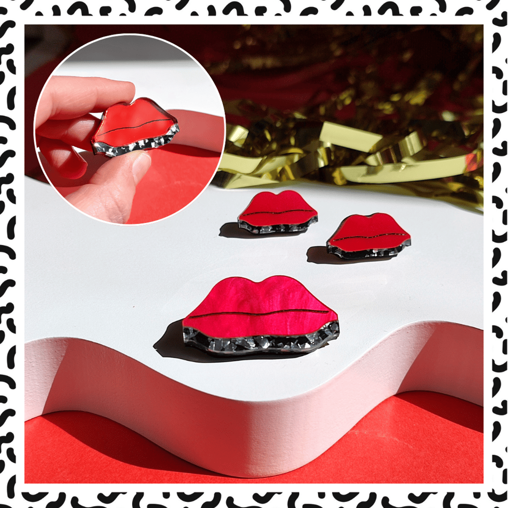 Image of Memphis Love - Lips + Lipstick Statement Acrylic Jewellery / Hot Pink 