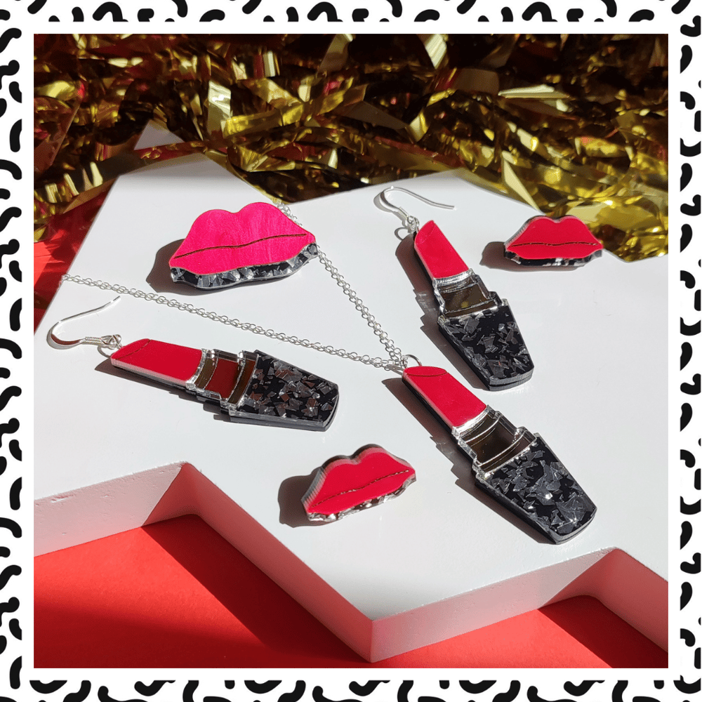 Image of Memphis Love - Lips + Lipstick Statement Acrylic Jewellery / Hot Pink 