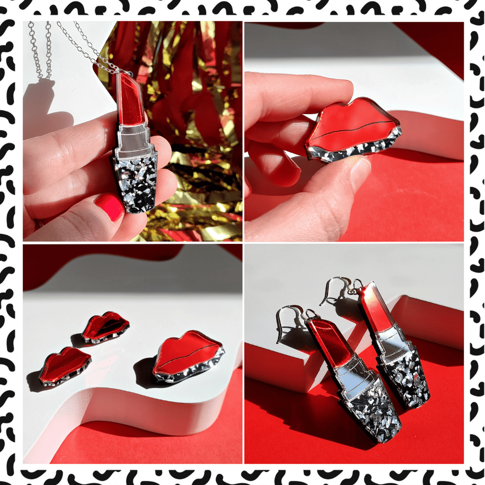 Image of Memphis Love - Lip + Lipstick Statement Acrylic Jewellery / Red Mirror