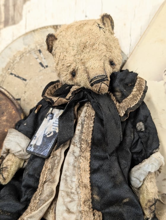 Image of 9" Vintage Antique style Girl Teddy Bear in antique black dolly coat by Whendi's Bears