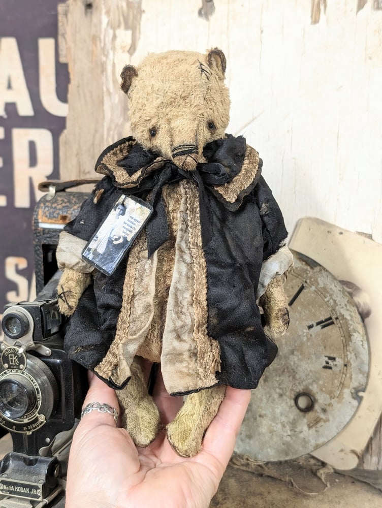Image of 9" Vintage Antique style Girl Teddy Bear in antique black dolly coat by Whendi's Bears