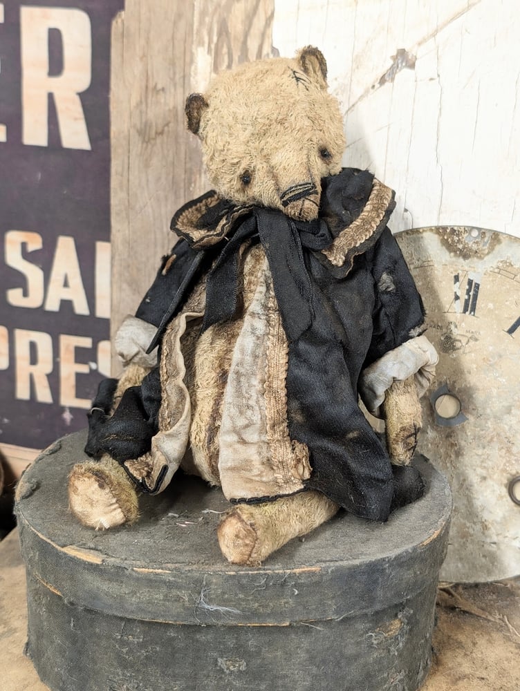 Image of 9" Vintage Antique style Girl Teddy Bear in antique black dolly coat by Whendi's Bears