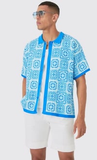 Image 1 of CROCHET KNIT OVERSIZED SHIRT BLUE & WHITE