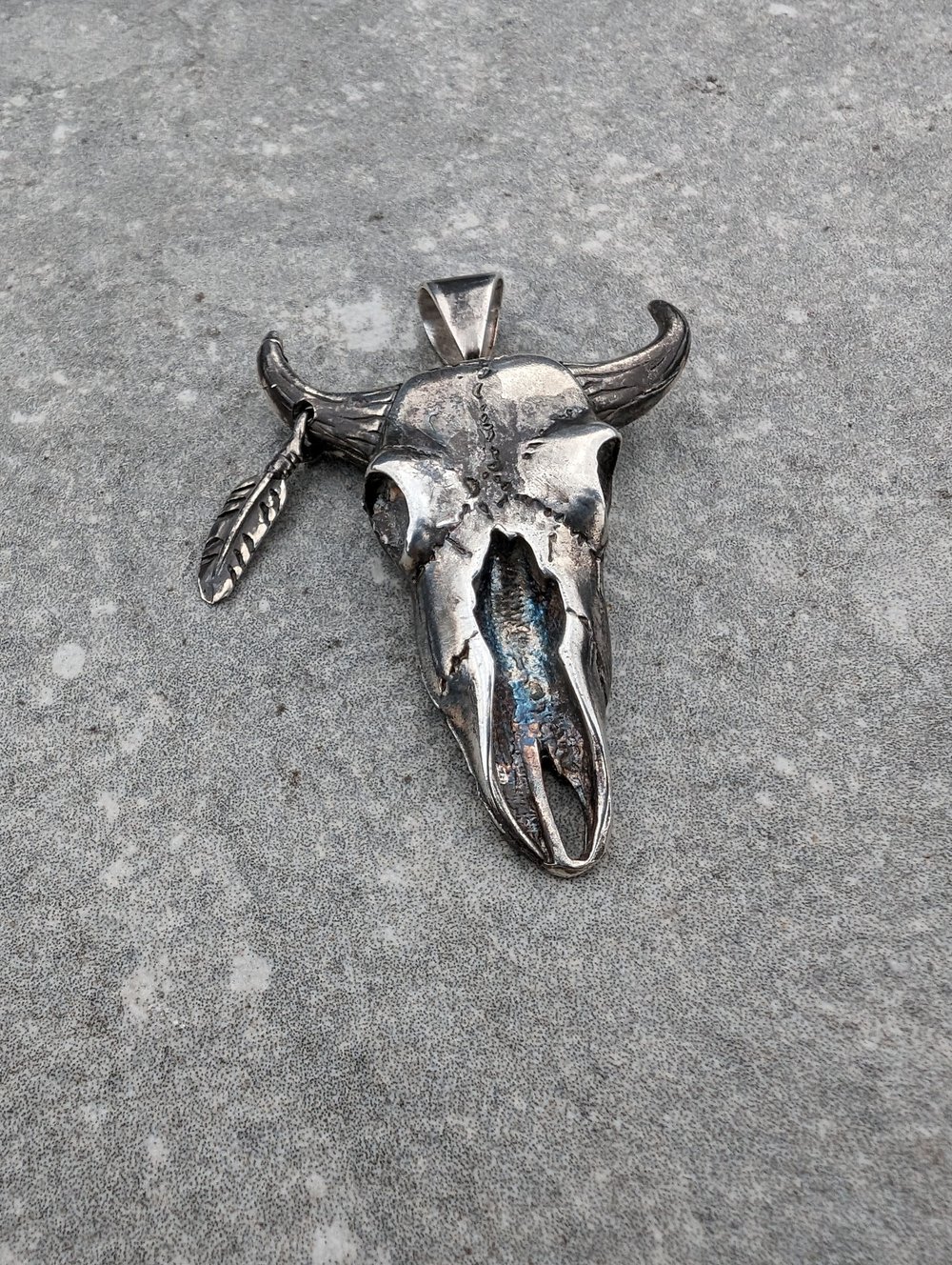 HANDMADE silver longhorn bull skull necklace, cow skull jewelry, western, boho buffalo skull