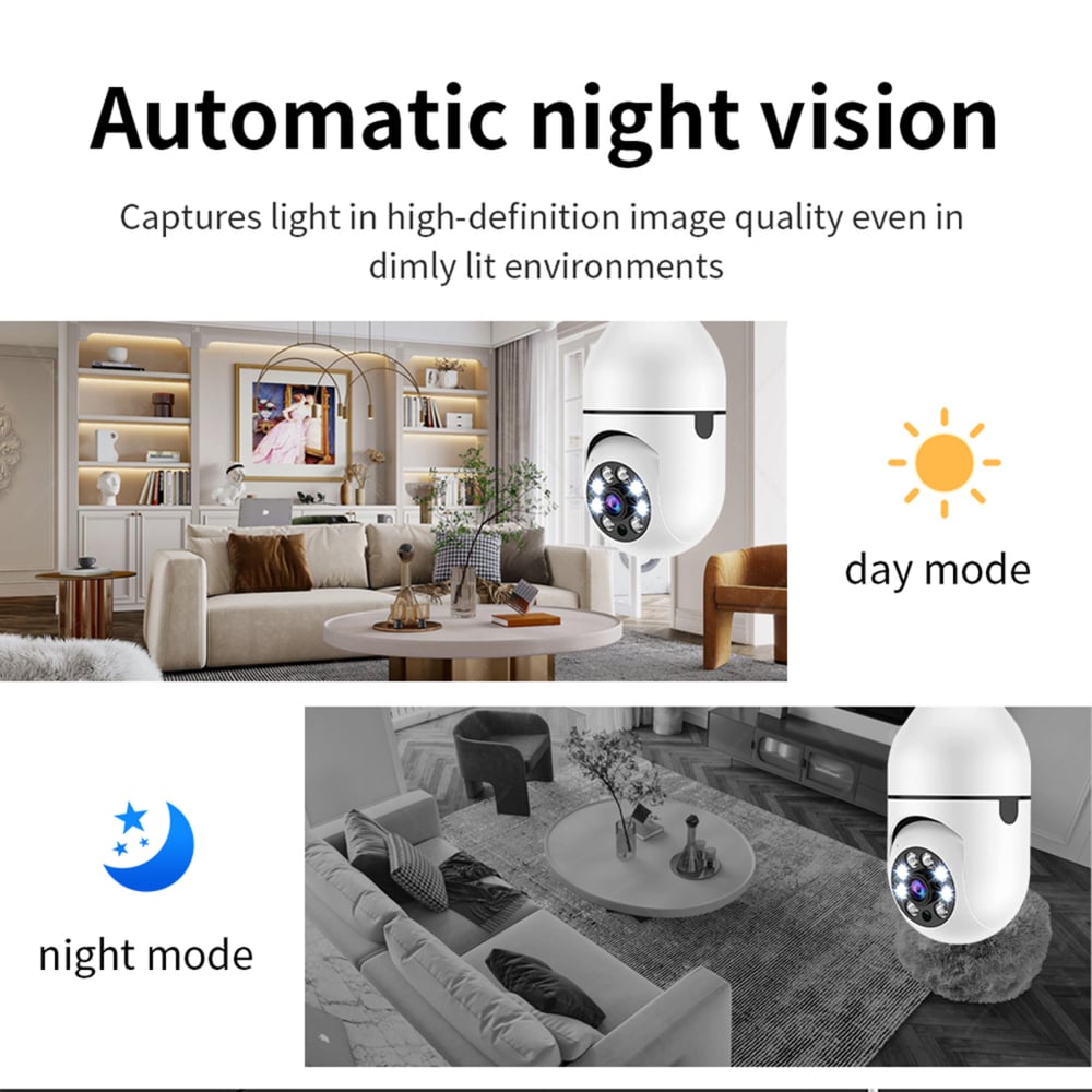 A6 Light Bulb Security Camera 355°Pan 90°Tilt Wifi Outdoor Indoor Light Bulb Camera