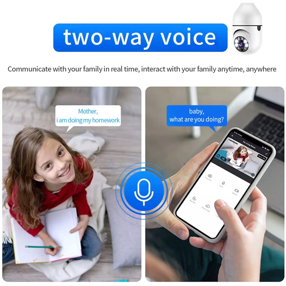 A6 Light Bulb Security Camera 355°Pan 90°Tilt Wifi Outdoor Indoor Light Bulb Camera