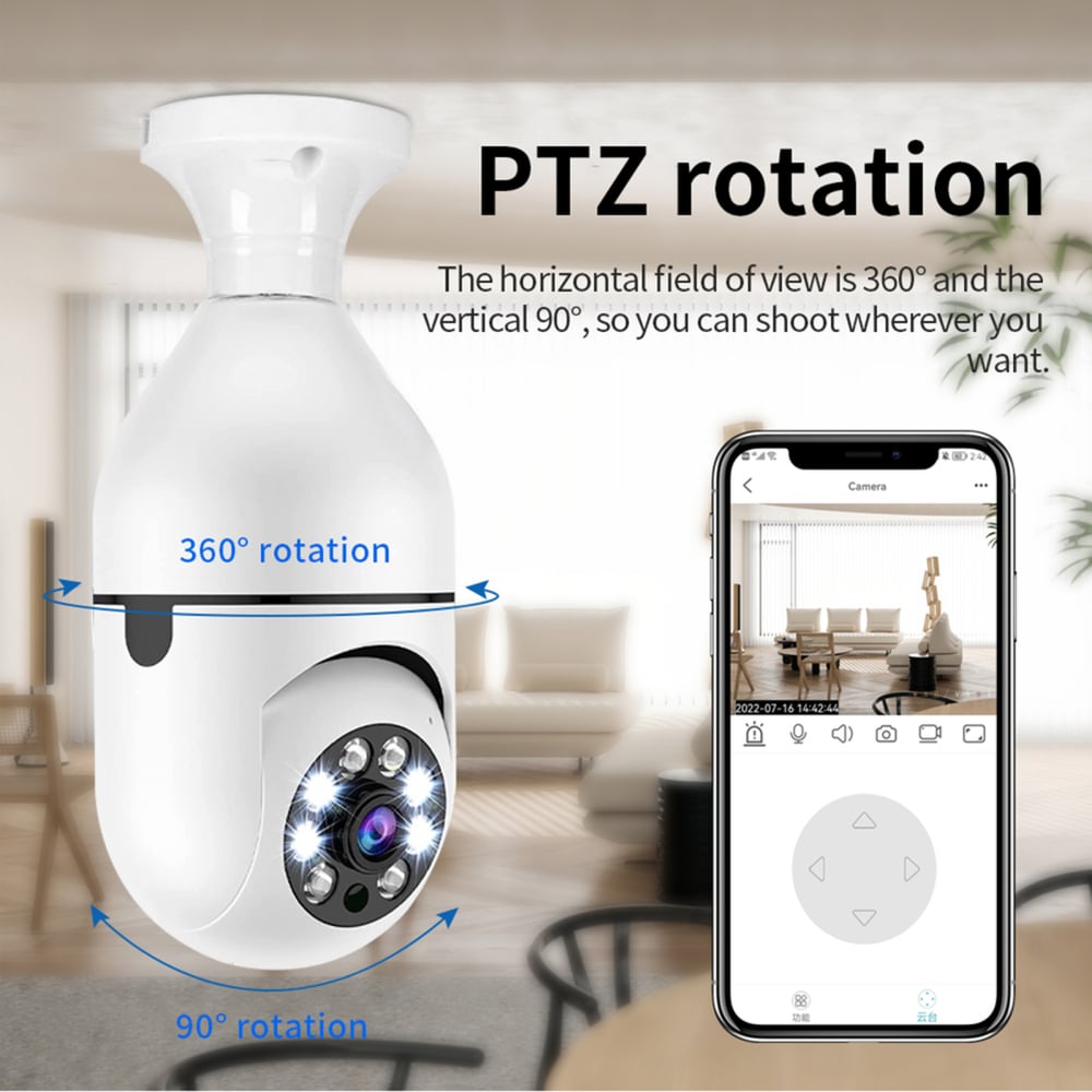 A6 Light Bulb Security Camera 355°Pan 90°Tilt Wifi Outdoor Indoor Light Bulb Camera