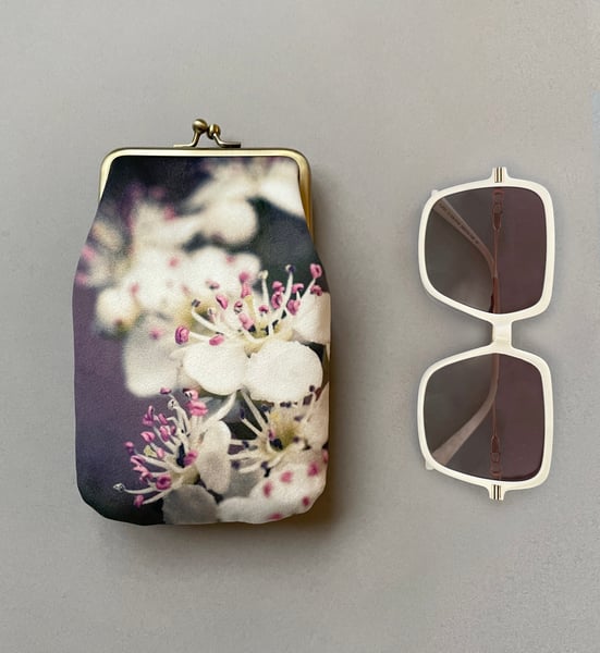Image of Hawthorn blossoms, printed velvet glasses case with kisslock frame
