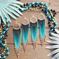 Image 1 of Teal Fringe Earrings | Beaded Gold and Teal Earrings